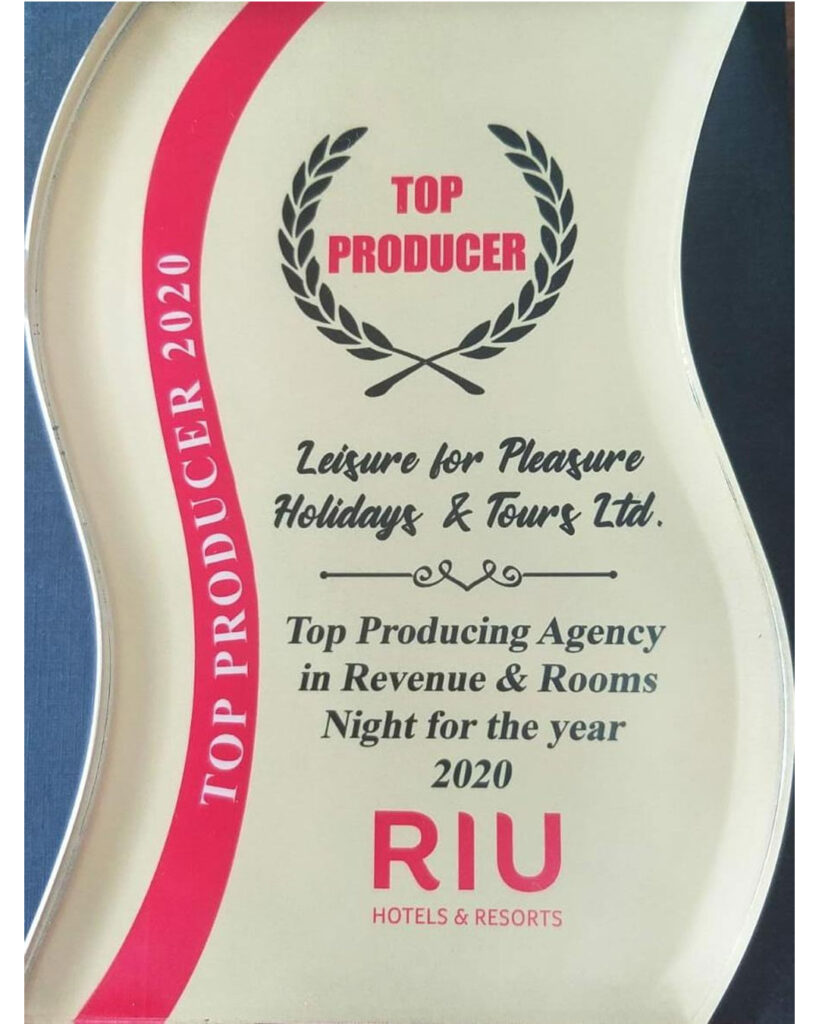 RIU Hotels and Resorts Jamaica - Top Producing Agency in Revenue and Rooms Night for the year 2020