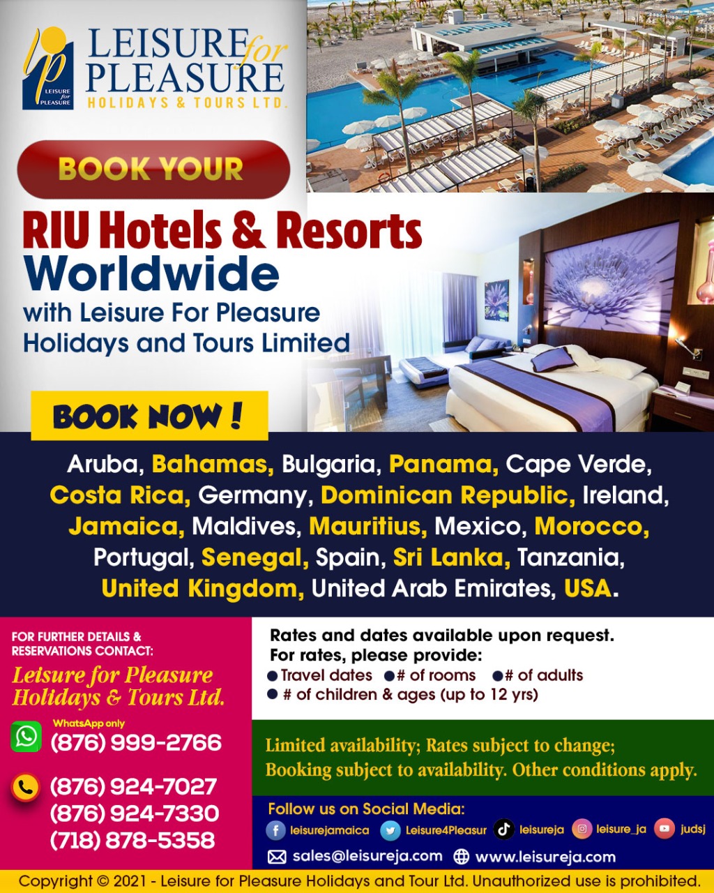 Book your RIU Hotels and Resorts Worldwide with Leisure For Pleasure Holidays and Tours Limited