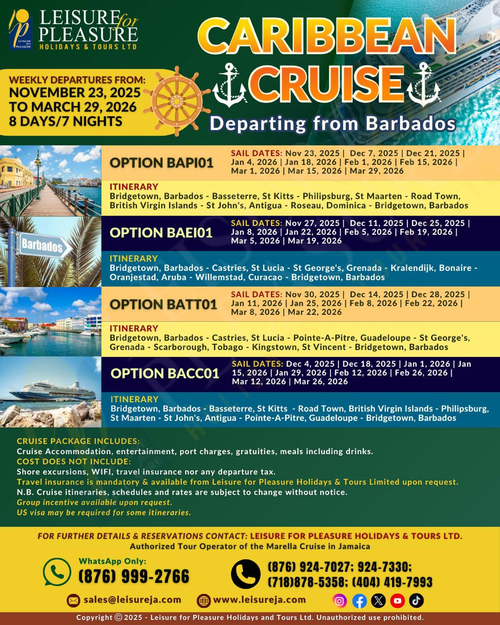 Barbados Caribbean Cruise Season – Weekly Sailings Nov 2025 to Mar 2026