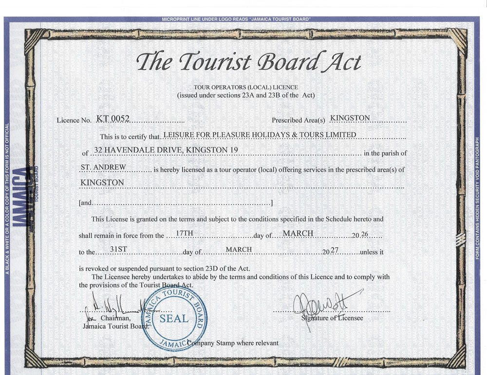 Jamaica Tourist Board Tour Operator License