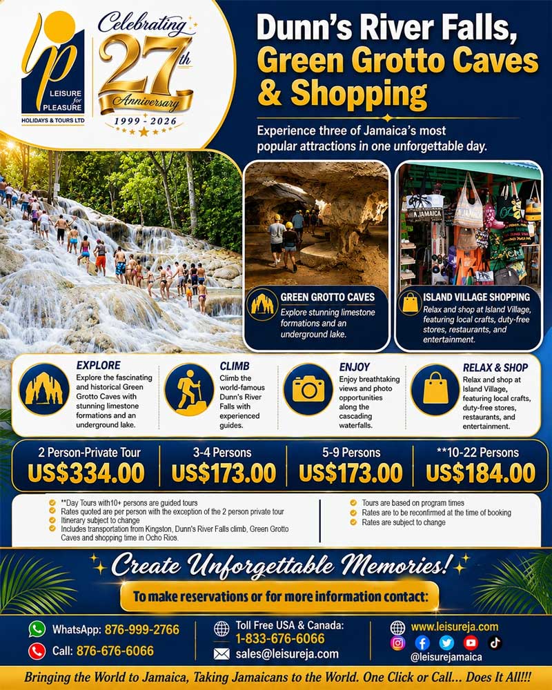 Dunn’s River Falls, Green Grotto Caves & Shopping