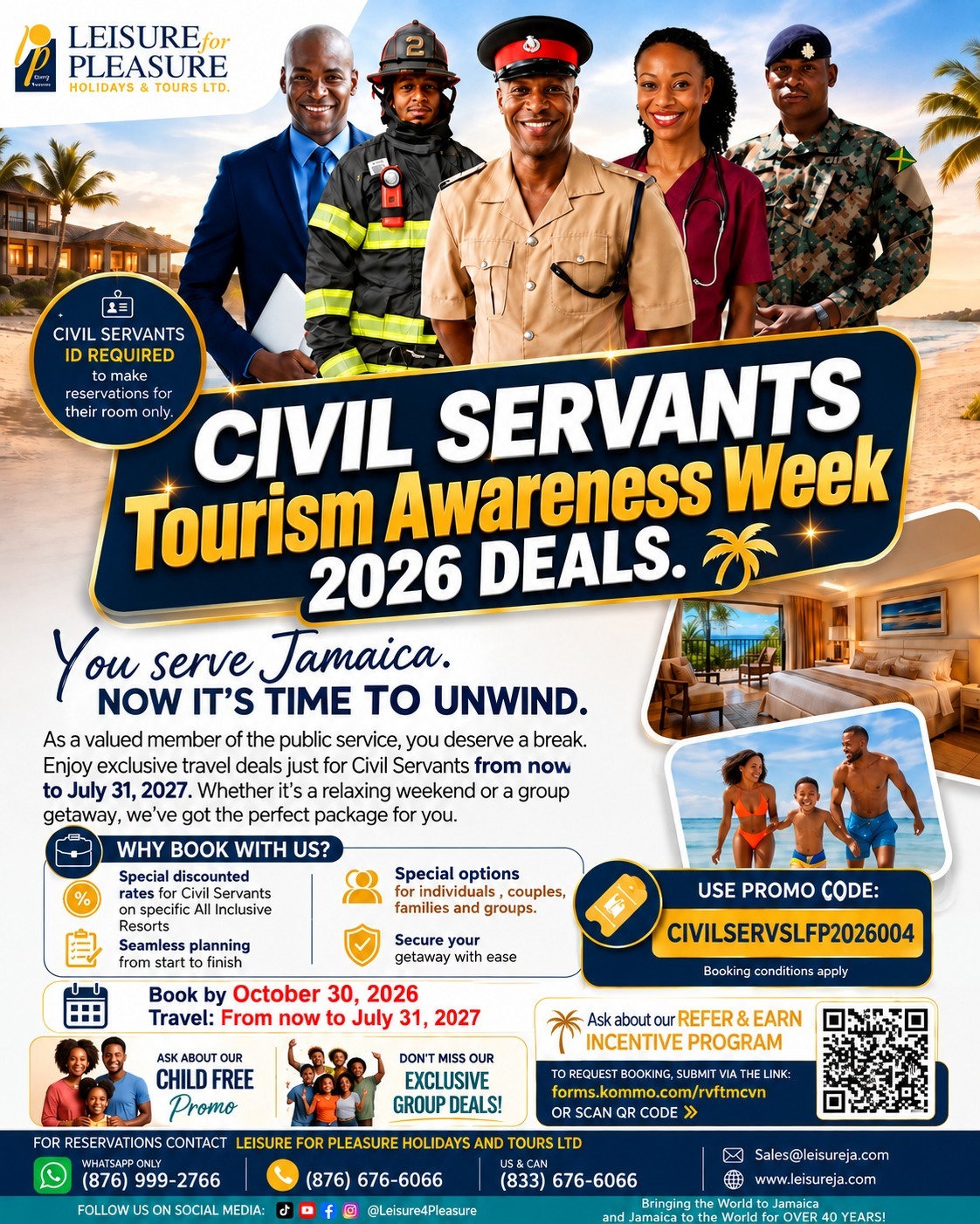 Civil Servants Tourism Awareness Week 2026 travel deals. Book by October 30, 2026; travel through July 31, 2027. Civil Servants ID required.