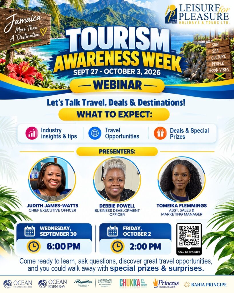 Tourism Awareness Week 2026 webinar with Judith James-Watts, Debbie Powell and Tomeika Flemmings. September 30 at 6 PM and October 2 at 2 PM.