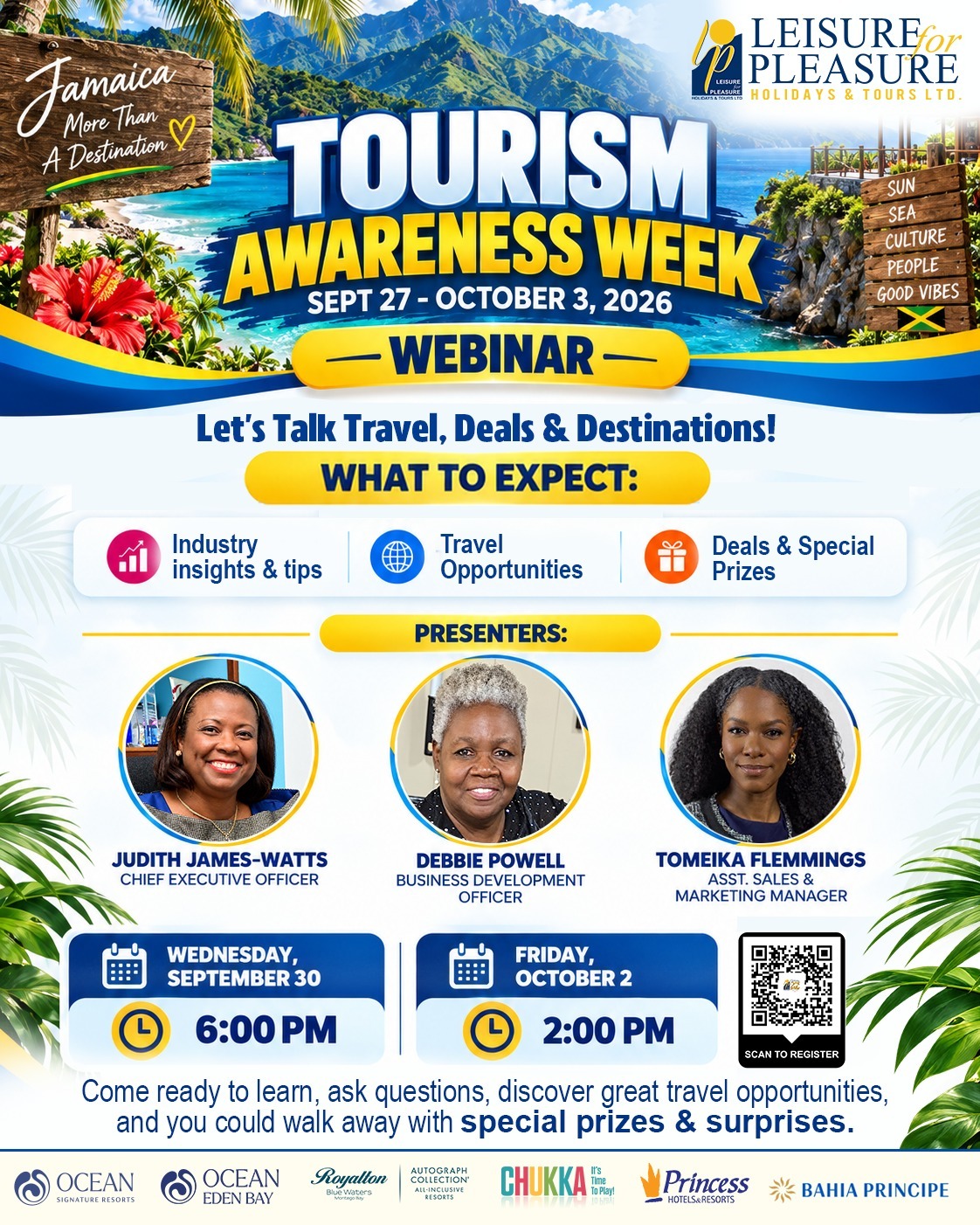 Tourism Awareness Week 2026 webinar with Judith James-Watts, Debbie Powell and Tomeika Flemmings. September 30 at 6 PM and October 2 at 2 PM.