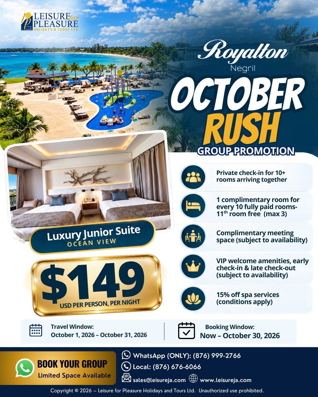 Royalton Negril October Rush group promotion. Luxury Junior Suite Ocean View at US$149 per person per night, October 1–31, 2026.