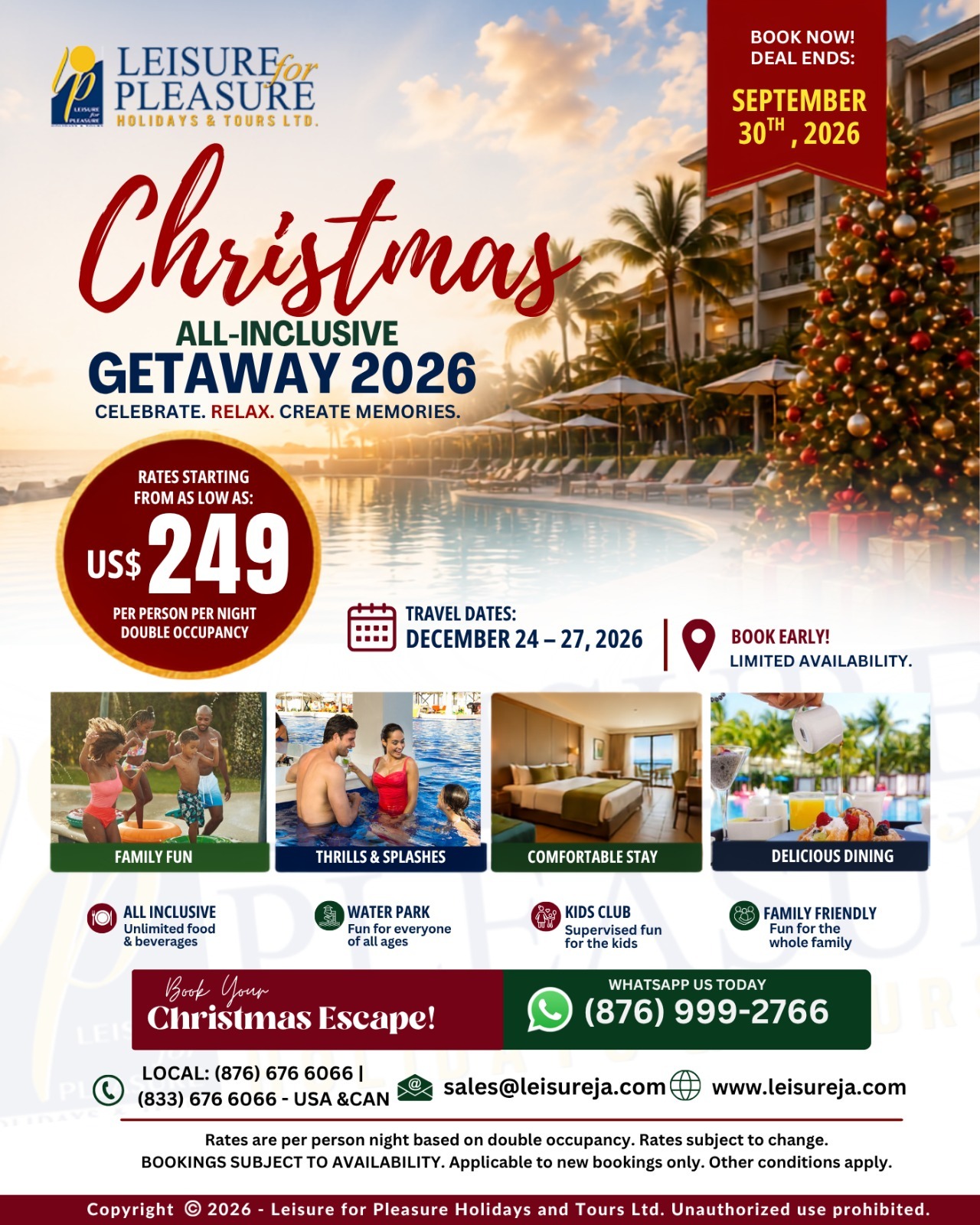 Christmas All-Inclusive Getaway 2026 from US$249 per person per night, December 24–27, 2026; flyer booking deadline September 30, 2026.