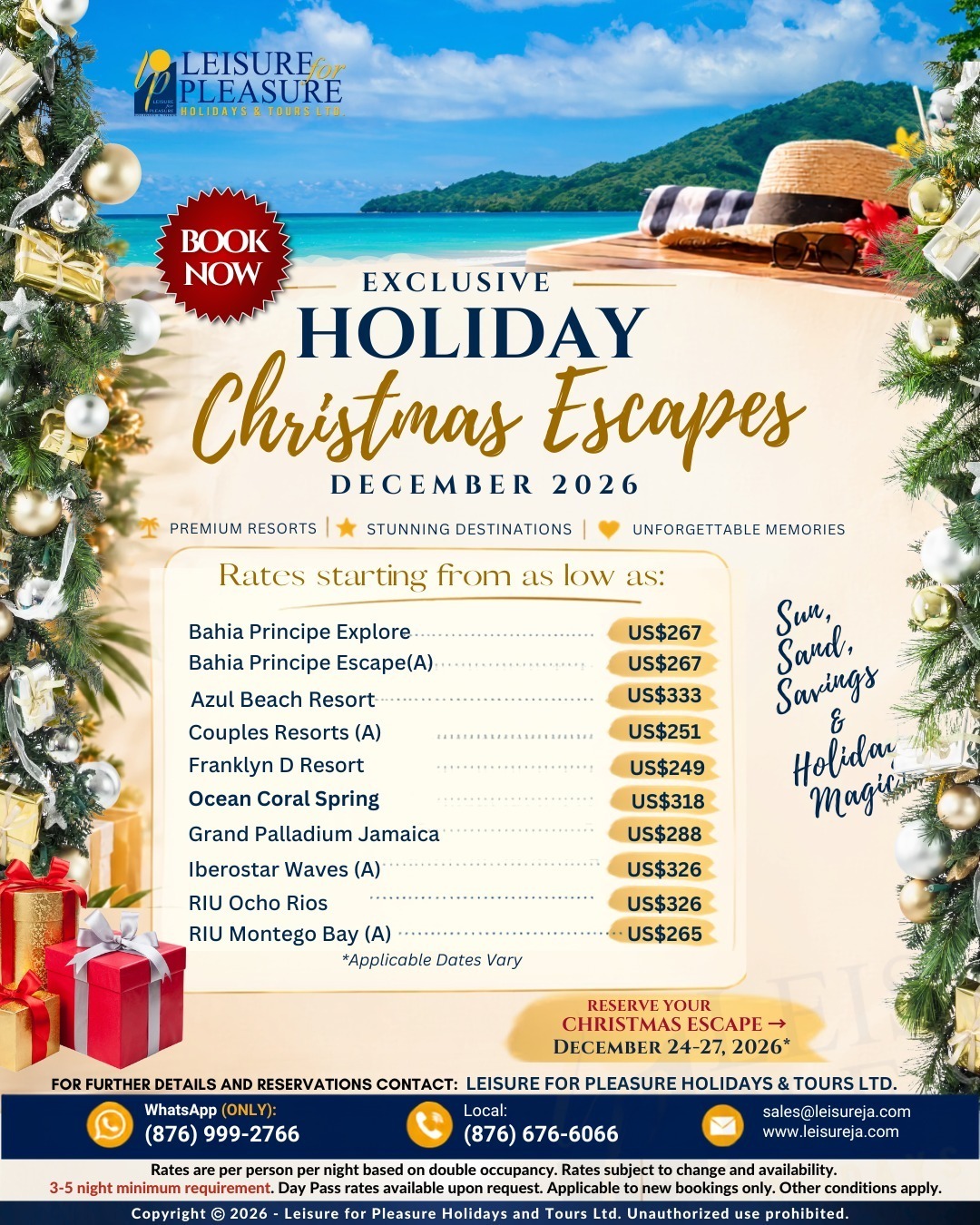 Exclusive Holiday Christmas Escapes, December 2026: ten Jamaican resort rates starting from US$249 per person per night, based on double occupancy.
