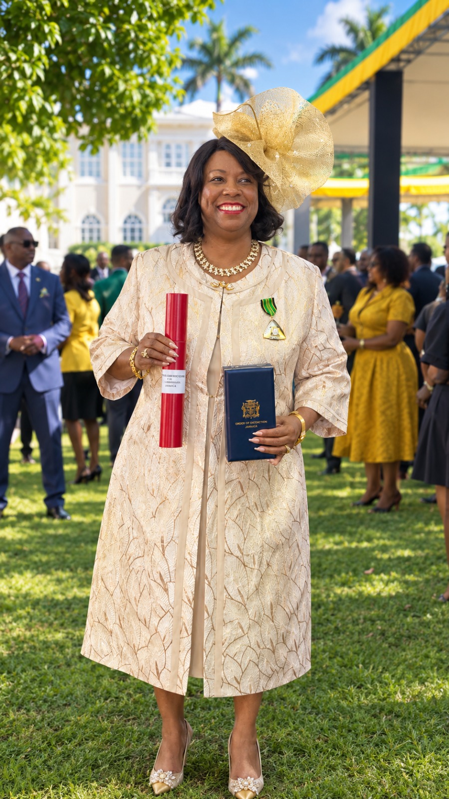 Judith James-Watts, OD standing with her Order of Distinction medal, presentation case and certificate.